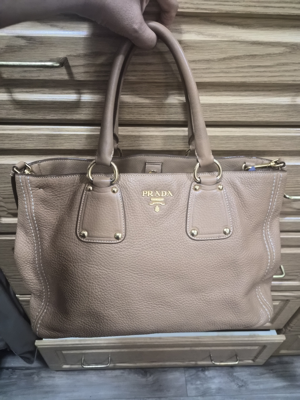 Prada Tan Pebbled Leather Tote with Gold Logo Hardware